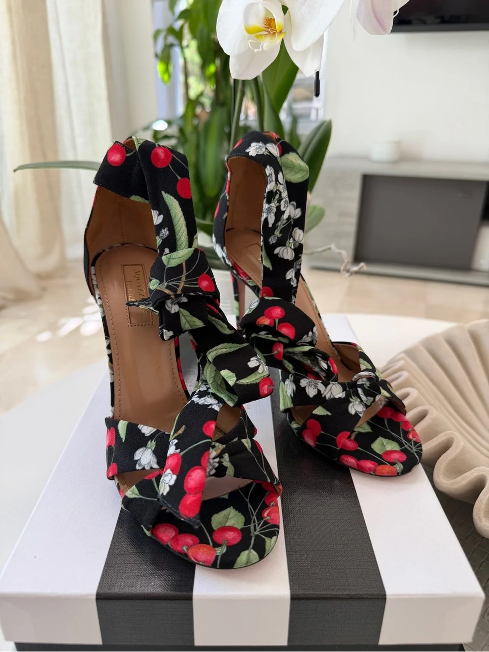 Aquazzura All Tied Up 105 Cherry Blossom Print Black Red Heels Sandlas size 36